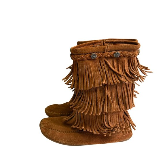 Minnetonka Suede Moccasins 3 Layer Fringe Mid Calf Boots Women's 4 Brown Boho - Picture 2 of 13